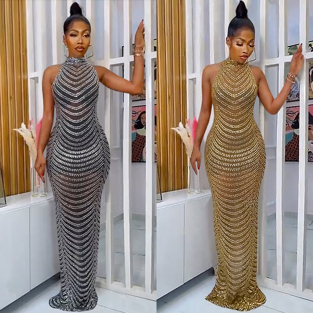 X5259 european and american fashion   sexy backless nightclub party dress rhinestone see-through maxi dress for women