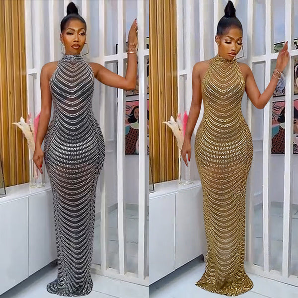 X5259 European and American fashion   sexy backless nightclub party dress hot diamond perspective long dress women