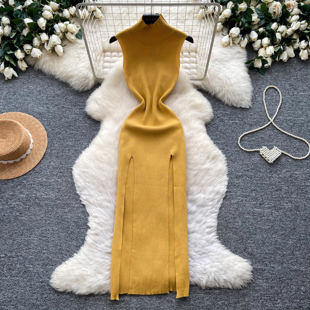 Lightly mature elegance style sleeveless high collar knittingdress female k-style silmslimming lookelegant slit a-line skirt work clothing