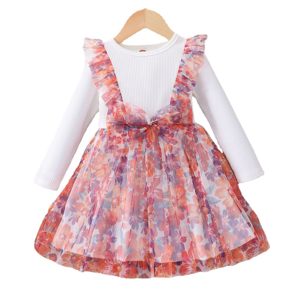 Spring/autumn long-sleeved floral mesh dress for toddlers and young children - hot cross-border seller