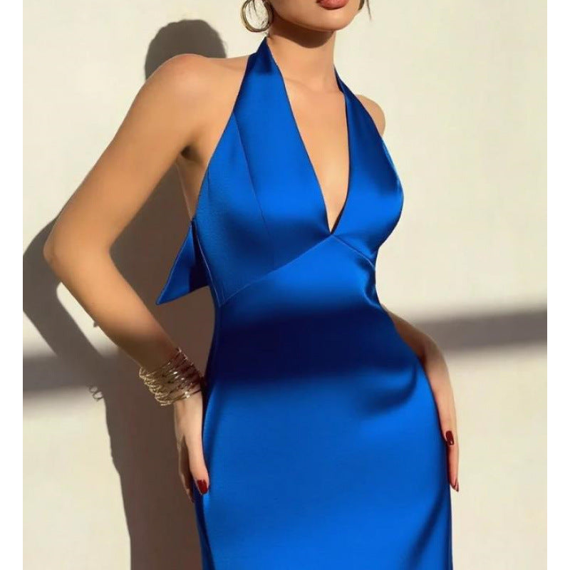 Solid color backless bowknot bodycon maxi dress, women's elegant party dress for evening events and dates