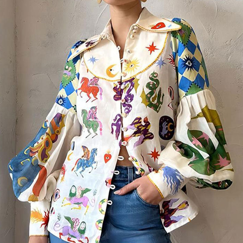 cross-border european and american women's clothing: new summer collection - graffiti print, turn-down collar, lantern sleeve, loose fit, slimming long-sleeve shirt