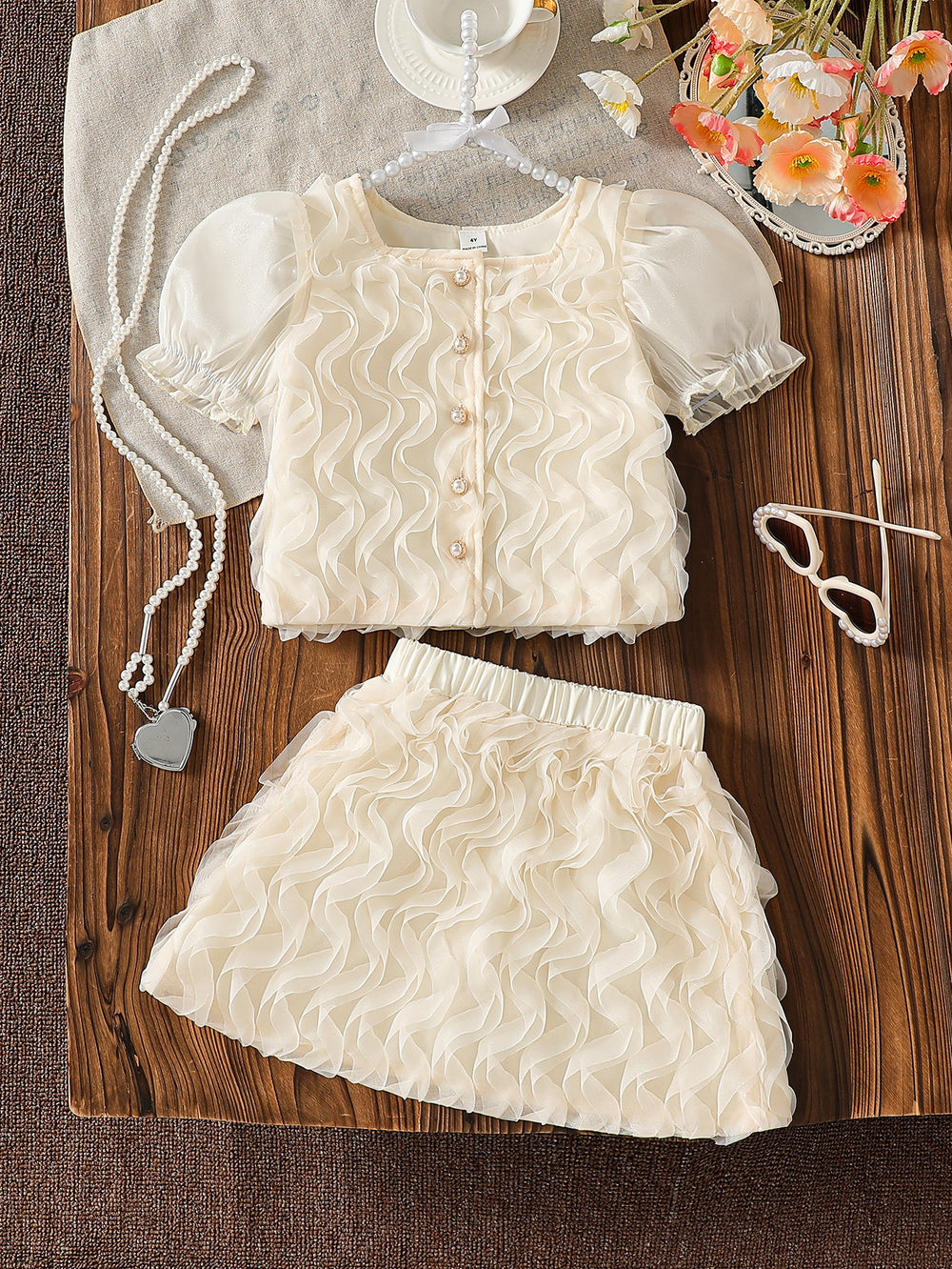 summer cross-border e-commerce 3d mesh wave patchwork top and skirt two-piece set
