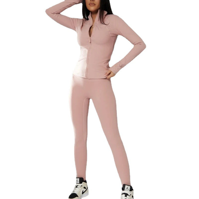 European and american cross-border  autumn solid color zip-up stand collar activewear set - trendy fashion workout yoga outfit (jacket & pants)