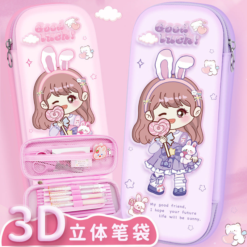 New girls pencil case cute zipper pencil case three-dimensional decompression stationery bag large capacity dirt-resistant primary school students stationery box