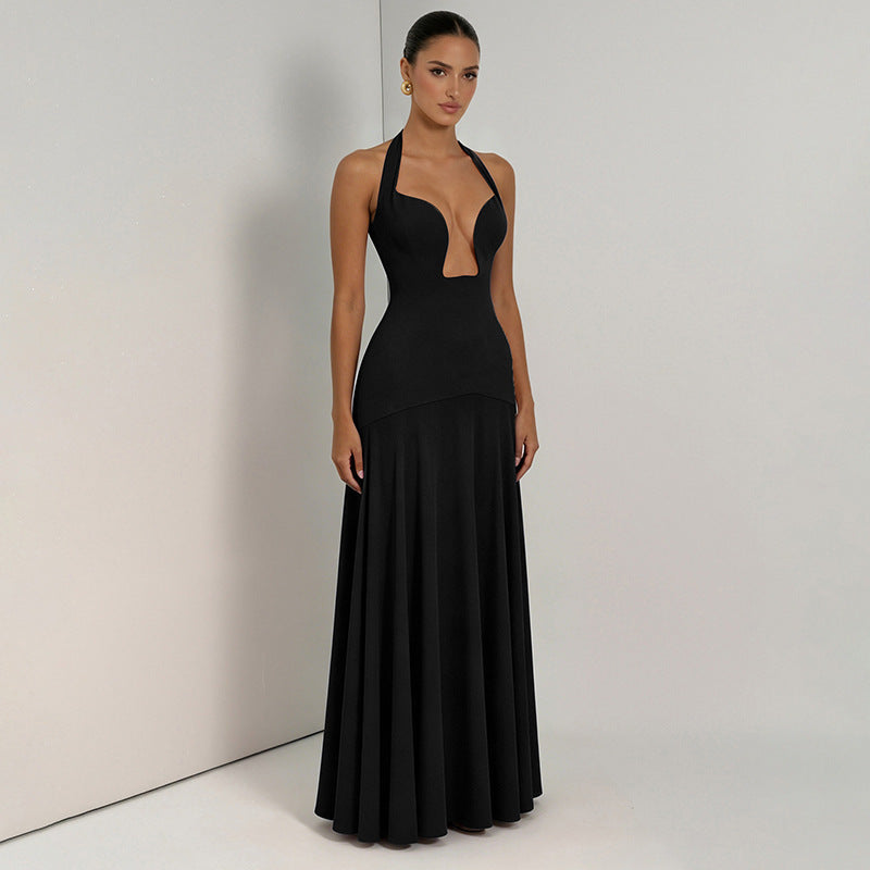 Amazon summer  new women's elegant solid color halter neck low-cut sexy patchwork backless evening dress
