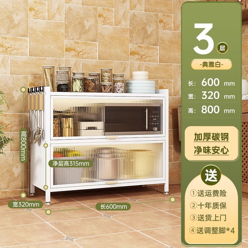 Kitchen thickened carbon steel storage rack floor-standing multi-layer dust-proof storage cabinet microwave oven with door multi-functional storage cabinet