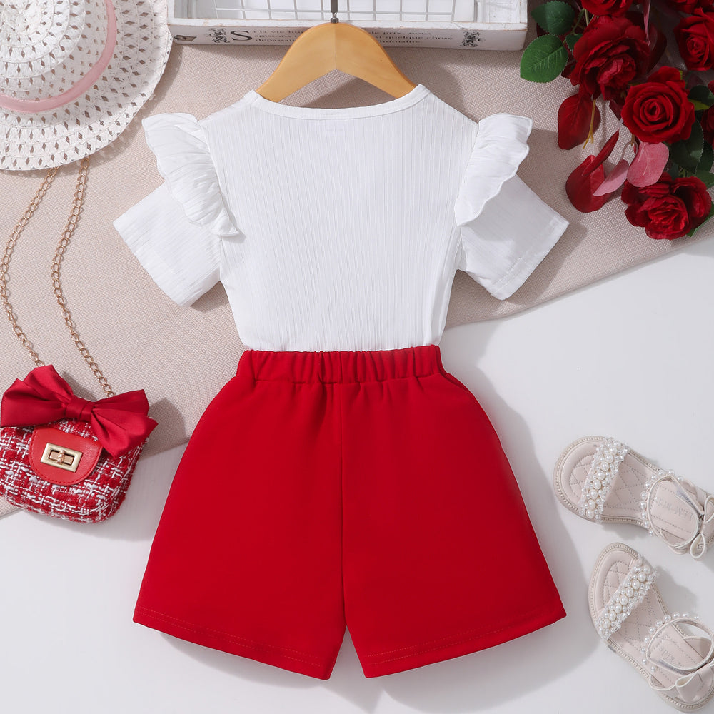 Girls' two-piece outfit: short-sleeve crewneck ribbed top + beaded culottes set