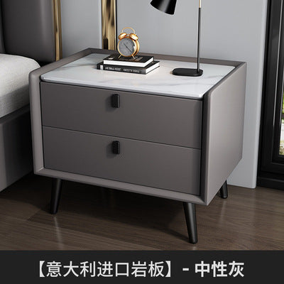 Modern minimalist bedroom nightstand - microfiber leather, sintered stone top, solid wood frame, new design with drawer storage, smart enabled