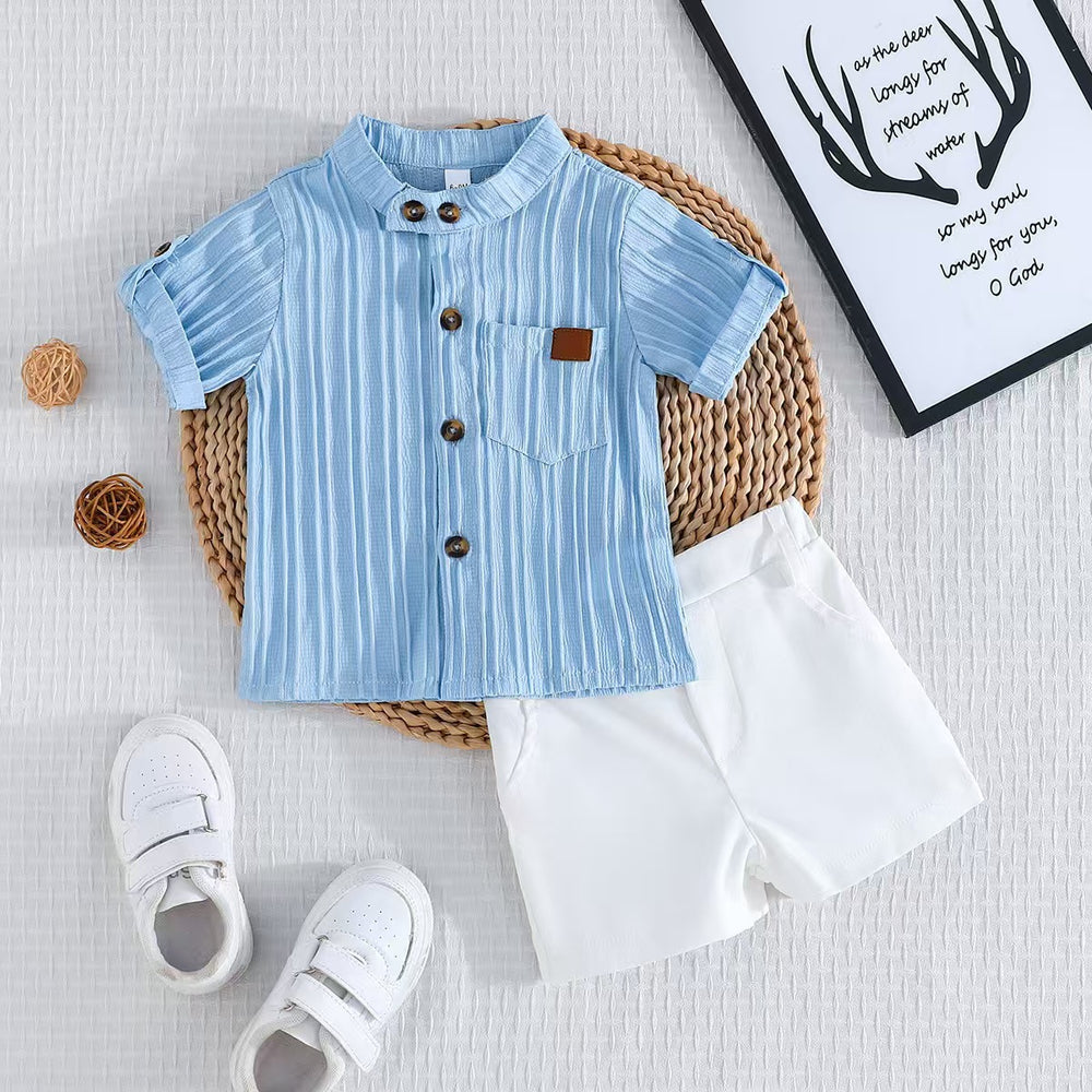Children's clothingwhite vertical stripes short-sleeved shirt + khaki shorts two-piece set shirt