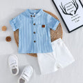 Children's clothingwhite vertical stripes short-sleeved shirt + khaki shorts two-piece set shirt