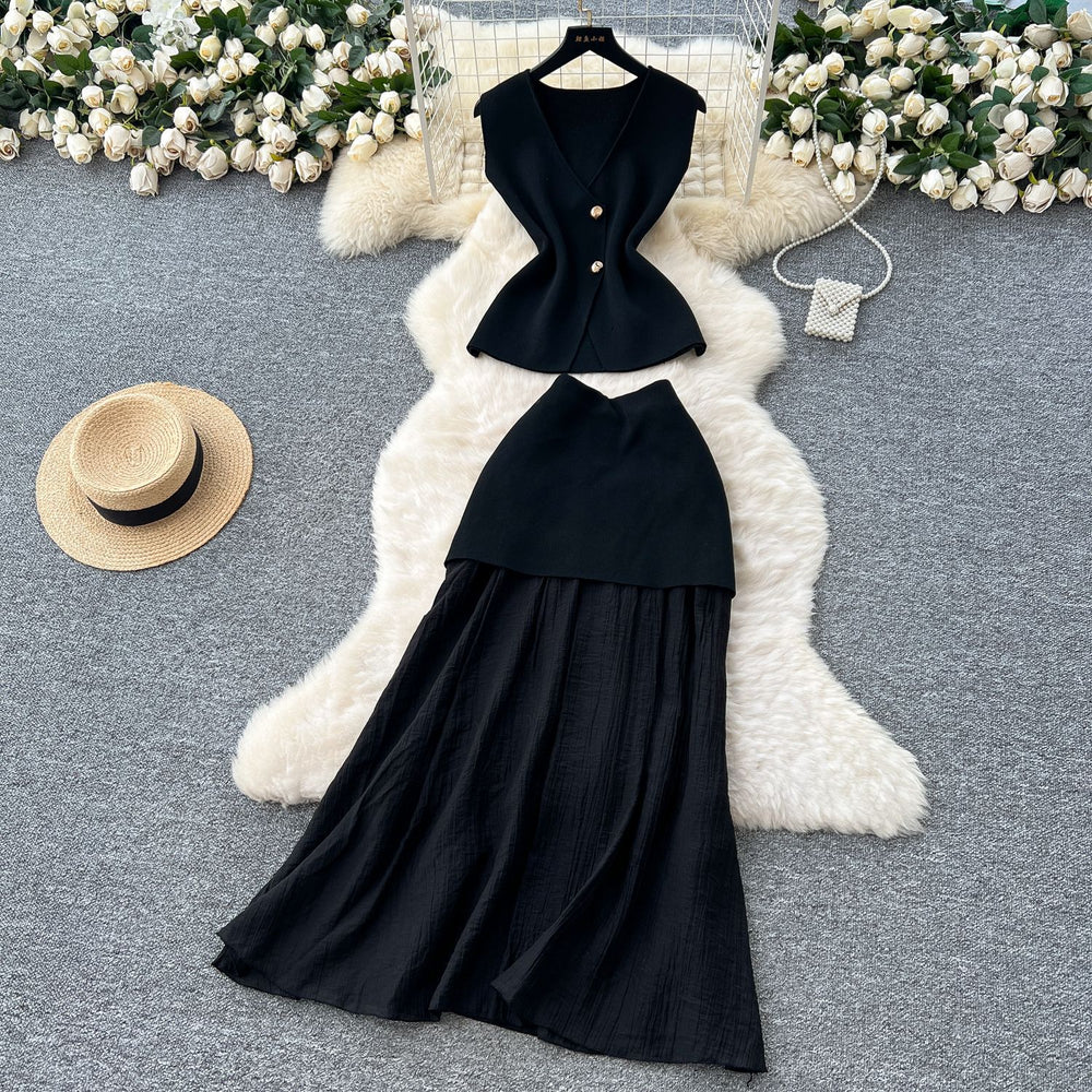Elegant two-piece summer outfit: high-end sleeveless knit top & high-waisted bodycon midi skirt set