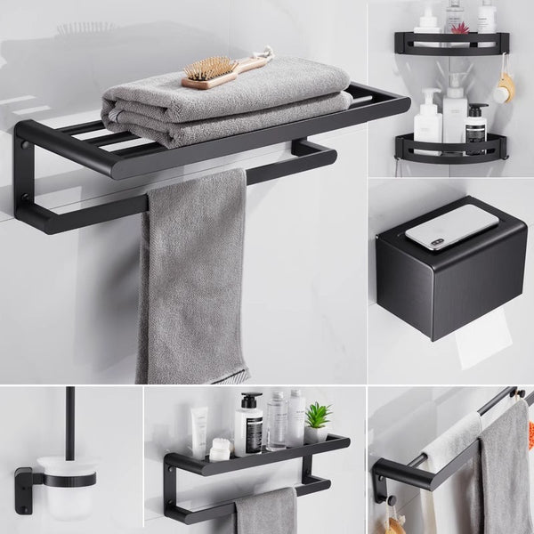 Black Bathroom Towel Rack Shelf Toilet Space Aluminum Thickened Bath Towel Rack Set Bathroom Pendant No Punching