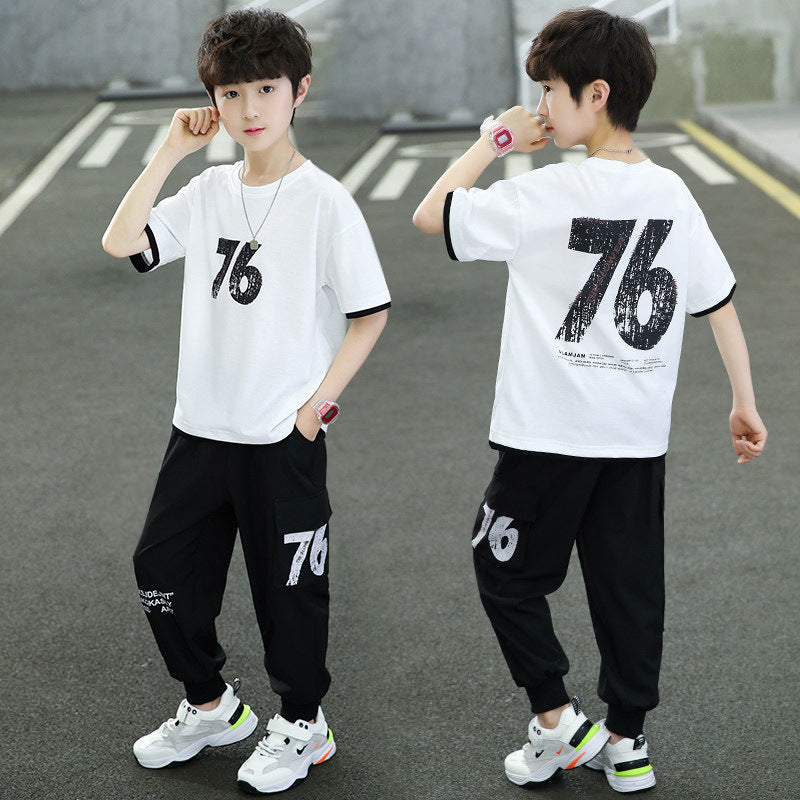 Kids' boys' summer outfit set  new style, korean style short-sleeve summer clothes for older boys, stylish and trendy