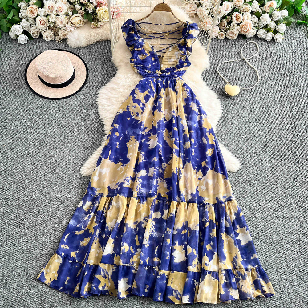 Frenchretrov neck small flying sleeves printingdress women's fashionbackless waist elegantlongruffles skirt