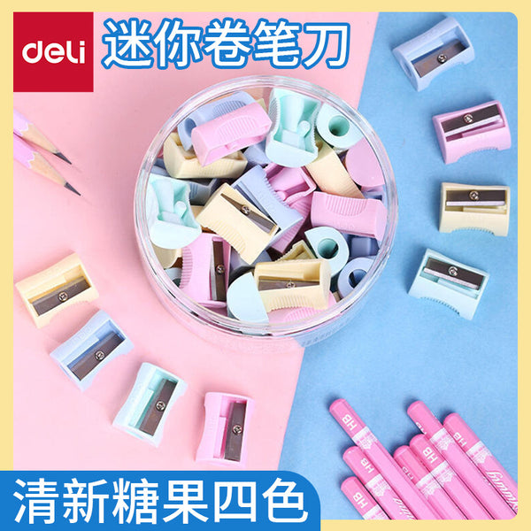 Deli Mini Pencil Sharpener Elementary School Children's Pencil Sharpener Pencil Sharpener Planer Simple Cartoon Cute Candy Color
