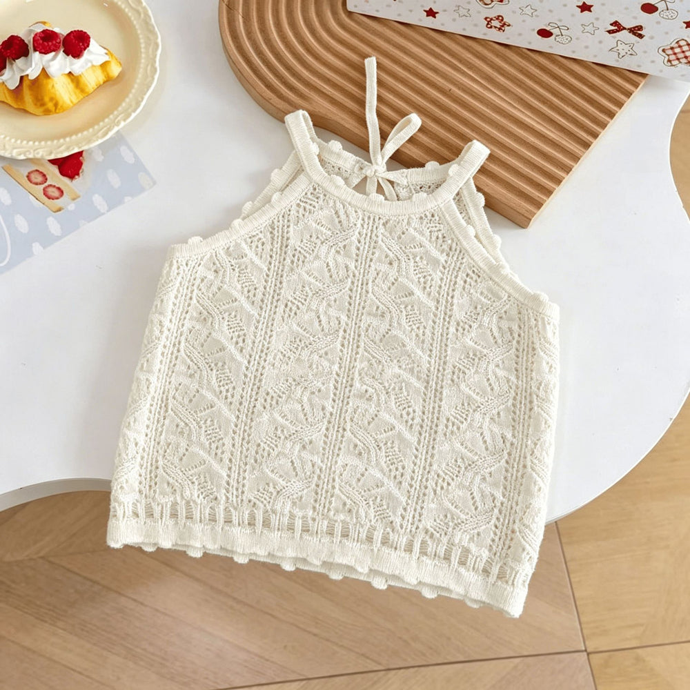 Girls' summer new knitted tank top - baby versatile raglan sleeve tie-up cutout backless sleeveless baby cami