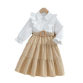 Exportgirldress white shirtpatchworkkhaki cake skirtfake two-pieceruffles beltkids long skirt