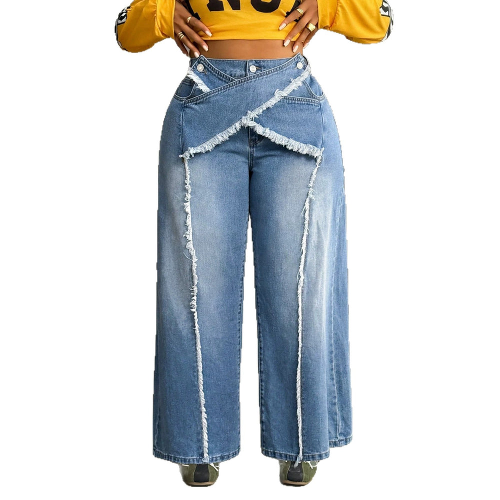Fashionjeans women's deconstructed shredded wool patchworkhigh waistloose denim women's pants exportplus sizestylish wide-leg pants
