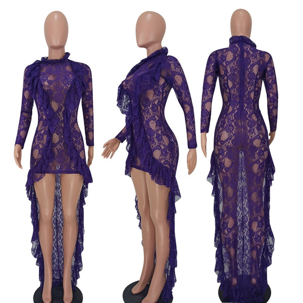 YD1070 -E1 European and American women's clothing,  new, long-sleeved lace lotus leaf collar irregular floor mopping dress
