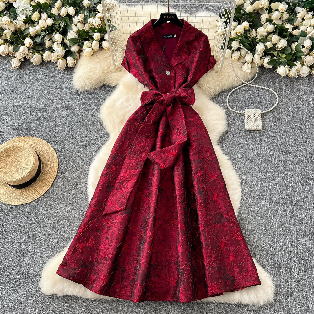 High-end exquisite women's formal dress - summer  collection: tie-waist, notch collar, short sleeve, jacquard, flowy maxi dress
