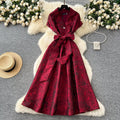 High-end exquisite women's formal dress - summer  collection: tie-waist, notch collar, short sleeve, jacquard, flowy maxi dress