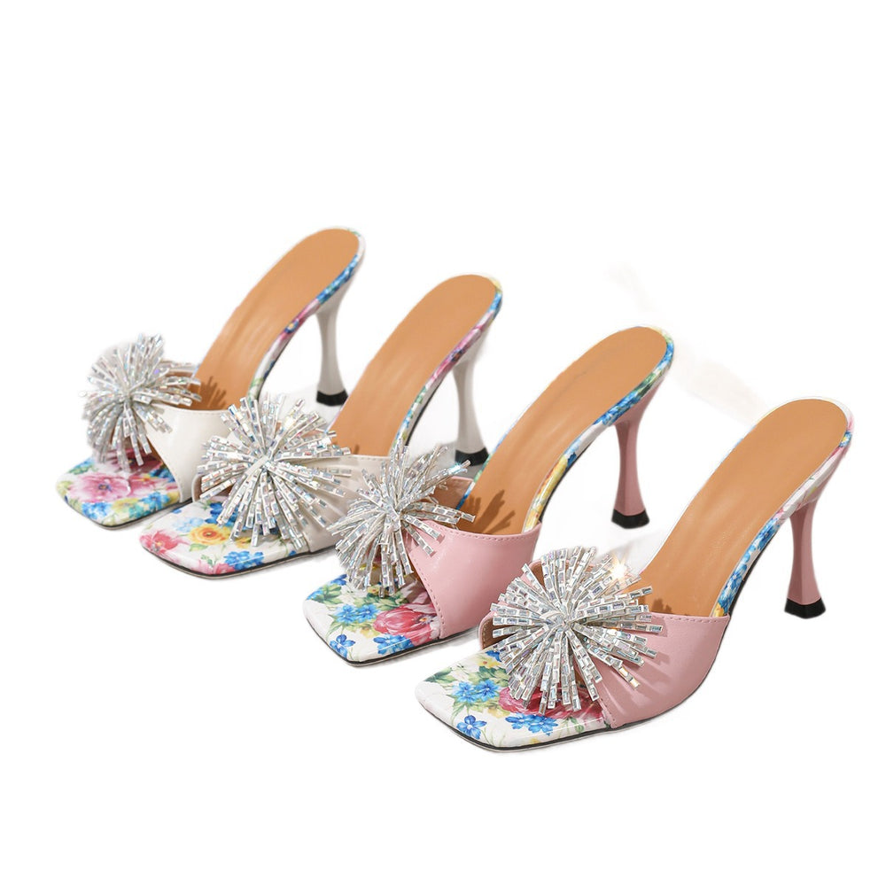 2026 new european and american style floral high heel sandals women's rhinestone tassel square toe stiletto fashion slippers for outdoor wear