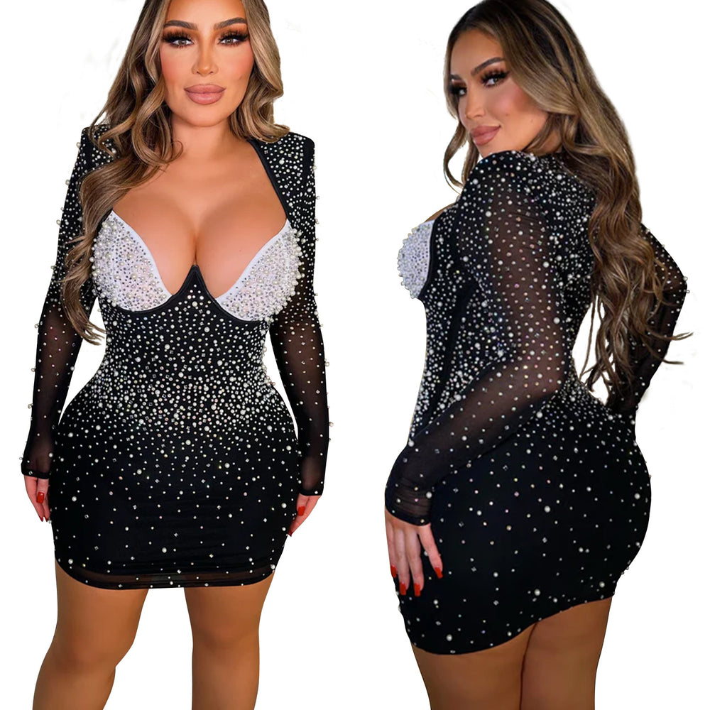 C6858 cross-border   fashion women's solid color mesh rhinestone long sleeve mini dress