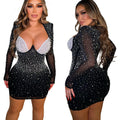C6858 cross-border   fashion women's solid color mesh rhinestone long sleeve mini dress