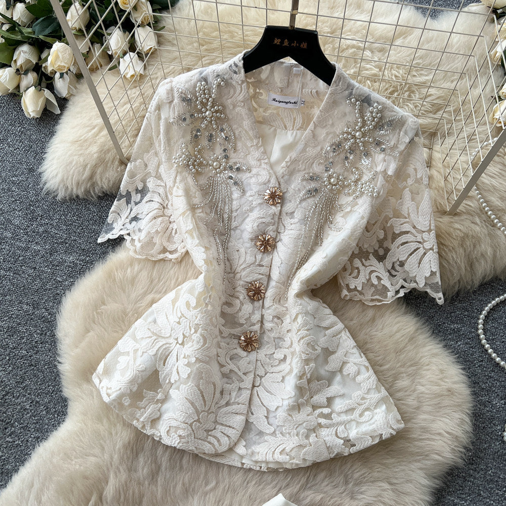 French chic v-neck lace embroidered top & high-waisted pleated skirt two-piece set - elegant & slimming summer outfit