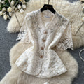 French chic v-neck lace embroidered top & high-waisted pleated skirt two-piece set - elegant & slimming summer outfit