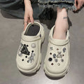 Women's summer outdoor slippers: stylish platform clogs with height boost, cute cartoon bear design, and beach-friendly closed-toe sandals with rhinestone accents