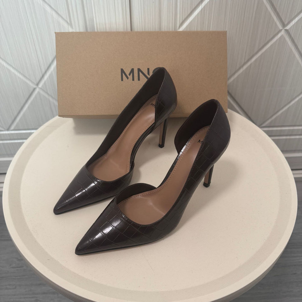 Spanish mng mango stone pattern dark brown high heels women's new pointed toe stiletto elegant sexy pumps