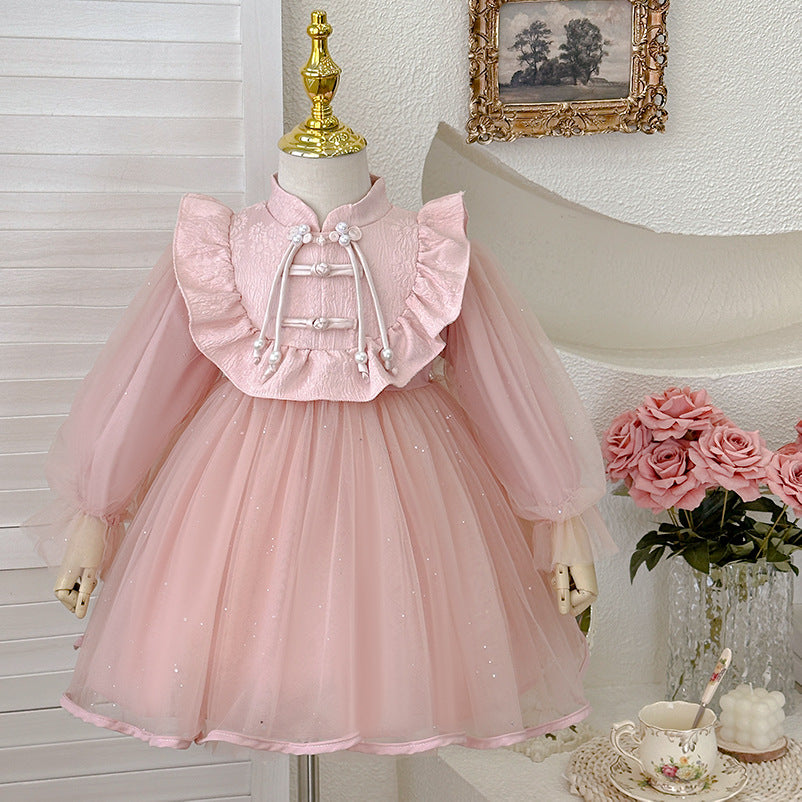 Girls' dress  spring new arrival: gentle, modern chinese style, single-breasted button, flared skirt, kids' birthday dress, trendy