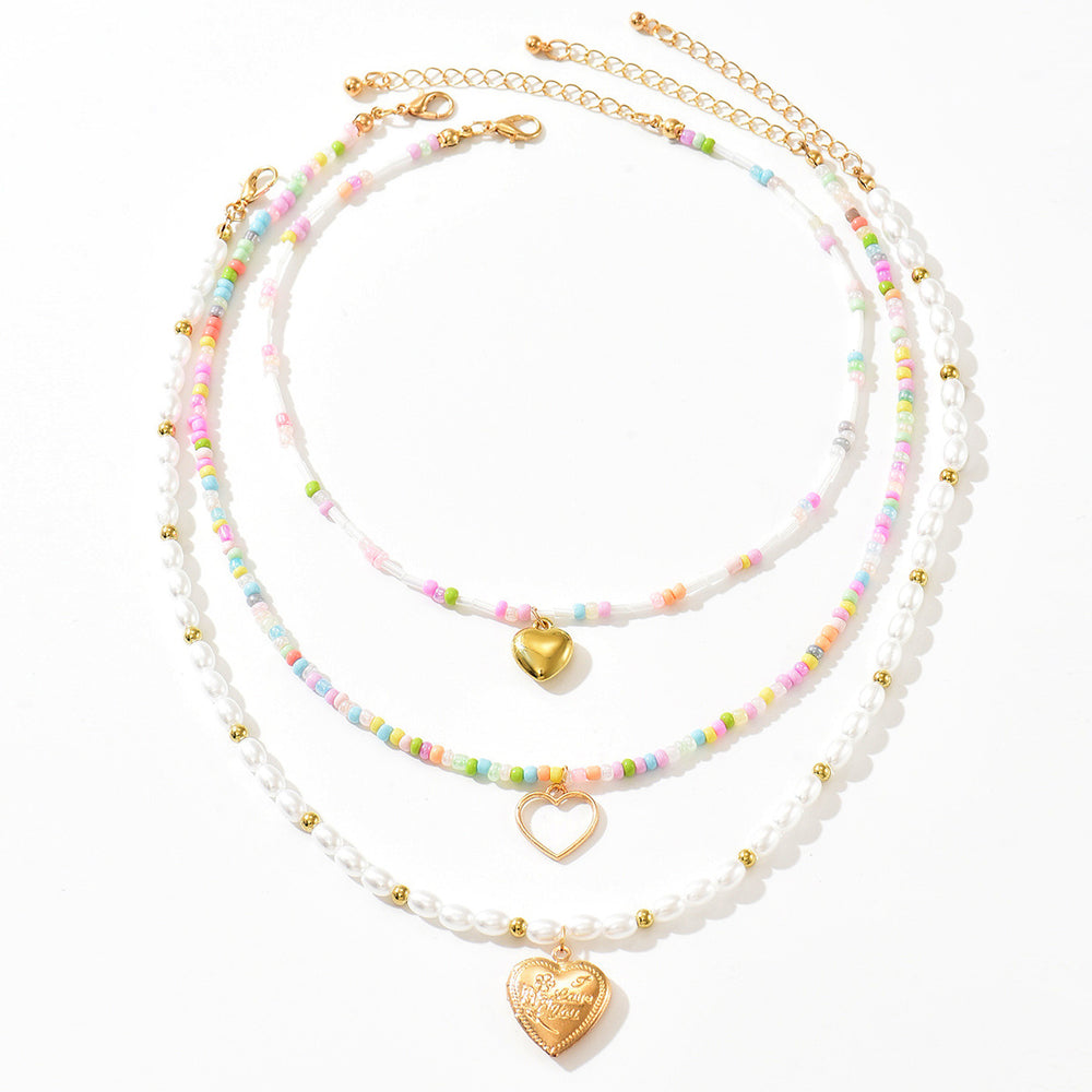 European and american cross-border bohemian heart pendant necklace, fashionable multi-layered colorful beaded faux pearl choker