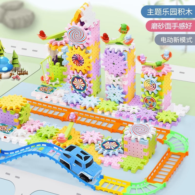 Transforming building blocks: mechanical gear interlocking children's electric track diy educational stem assembly toy - cross-border
