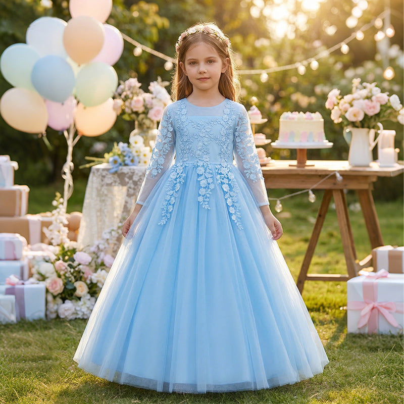 European and american style flower girl dress long sleeve princess children's wedding dress tutu girl's princess dress three-quarter sleeve summer