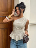 cross-border women's elegant commute one-shoulder ruched waist ruffle hem top - slim fit sleeveless tank top
