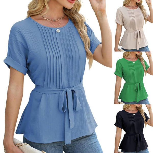 2025 European and American  spring and summer  new casual shirt ruffle edge pleated round neck short-sleeved top fashionable women