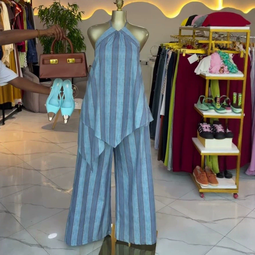 European and american cross-border women's clothing:  summer new arrival - elegant printed halter neck sleeveless top and high-waisted pants fashion set