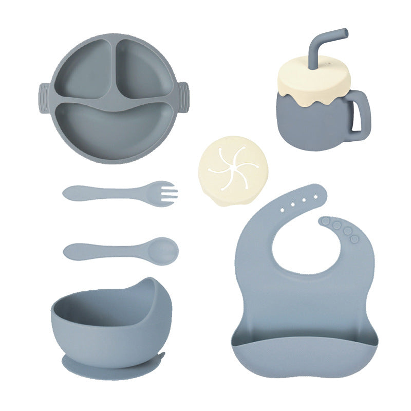 Children's Silicone Plate 7-piece Set Baby Separate Plate Feeding Bib Water Cup Fork Spoon Supplementary Food Bowl Tableware