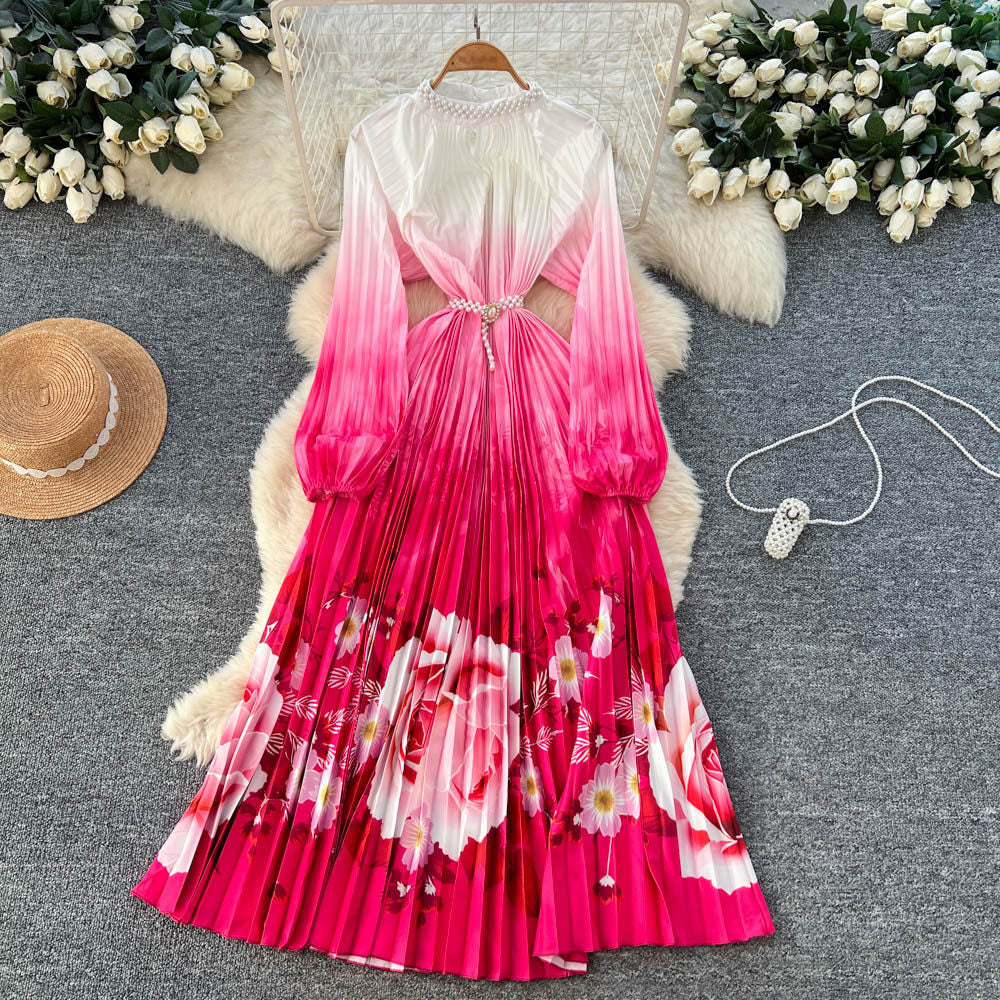 European and american style high-end beaded and printed pleated dress - women's gradient korean style long sleeve pearl button pleated maxi dress - commute friendly