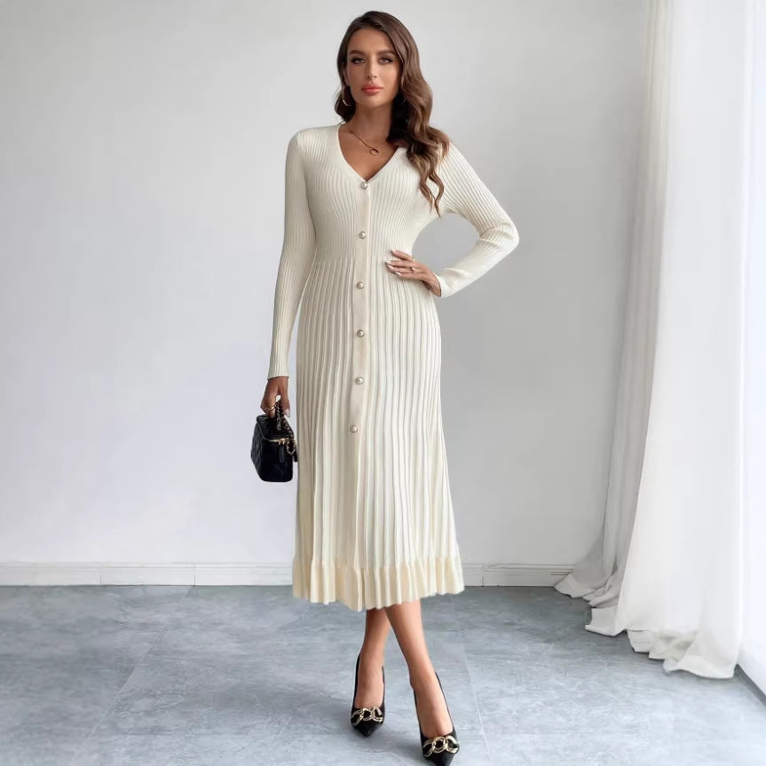 autumn new arrival slimming waist retro base layer dress with button collar knitted elegant women's mesh dress