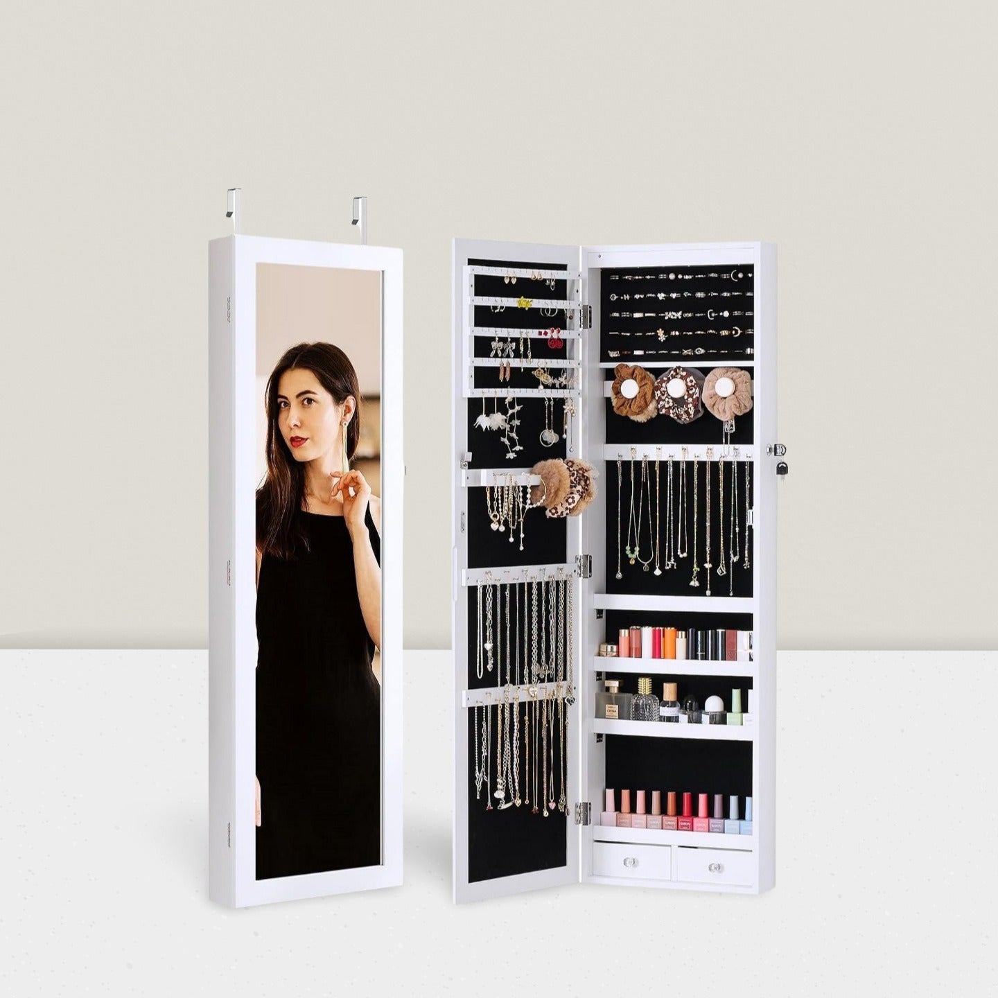 Solid wood full-body mirror cabinet, multi-functional dressing, makeup mirror, jewelry storage, fitting mirror, household wall can be installed, simple