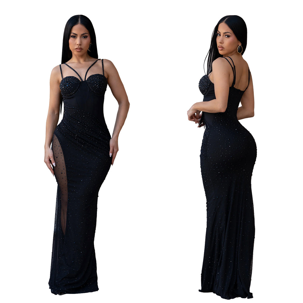 C7663 cross-border   fashion women's elegant rhinestone-embellished camisole dress