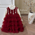 Girls' dress - premium princess style with fleece lining, vest dress, tiered skirt, perfect for chinese new year