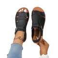 Exportplus sizenew arrival belt buckle flatscut out sandals women's retro style outwearpure color beach sandals and slippers