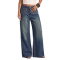 European and american style women's vintage high-waisted studded wide-leg jeans - washed, distressed, multi-row button detail, relaxed fit long pants