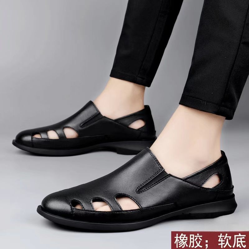 Special big salenew arrivalmen leather sandals summer breathable leather shoes middle-aged and elderly soft bottom dad hole shoes cut out