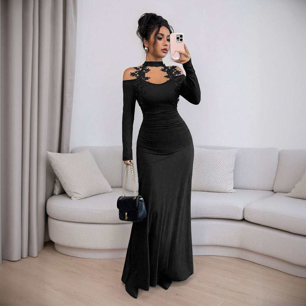 export high-end socialite style spring/summer new long-sleeved slim-fit bodycon black lace dress for women - early summer collection